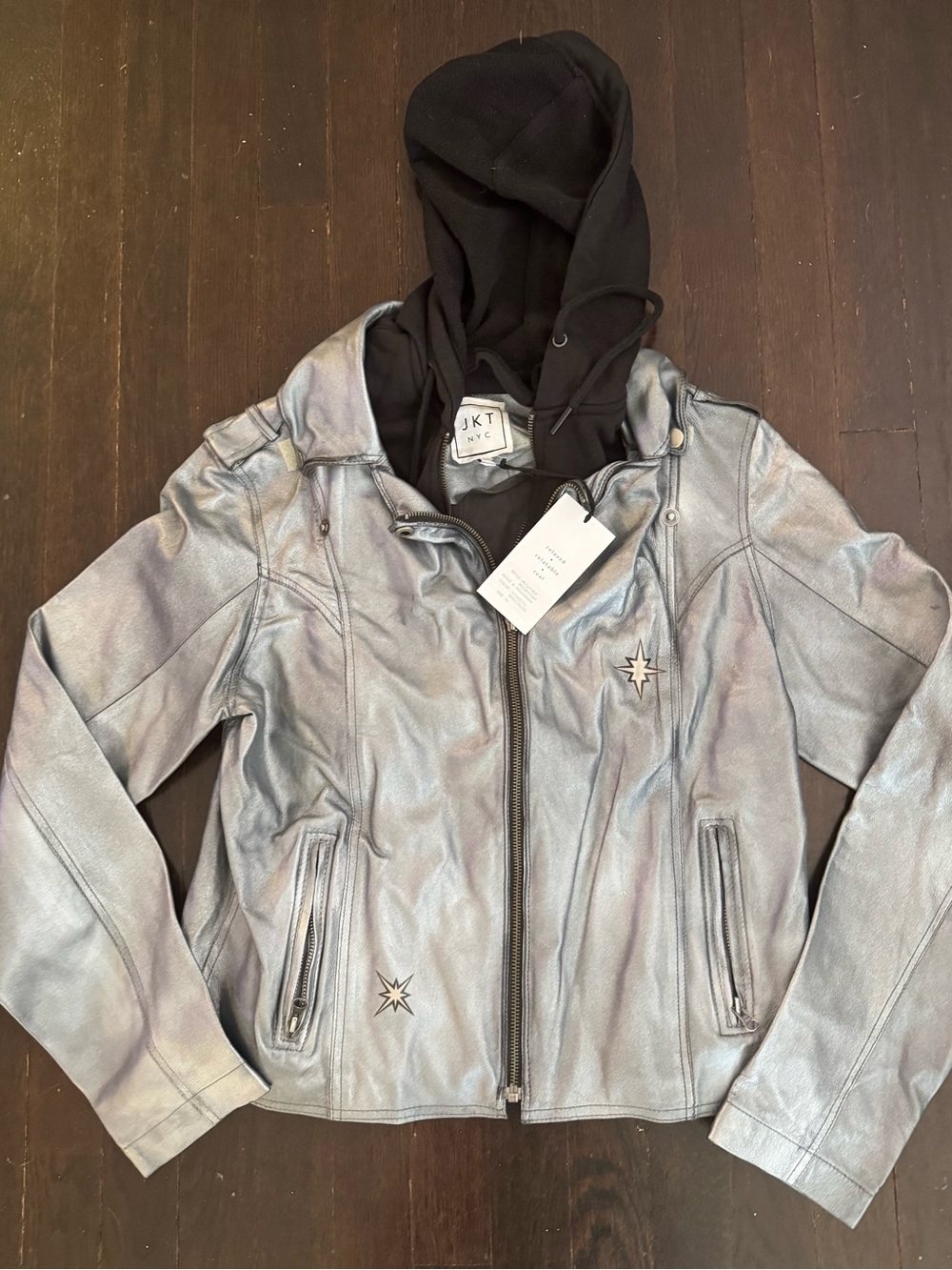 JKT NYC 100% Metallic Molly BLK Moon Print Leather Hooded Ladies Moto Jacket, XL